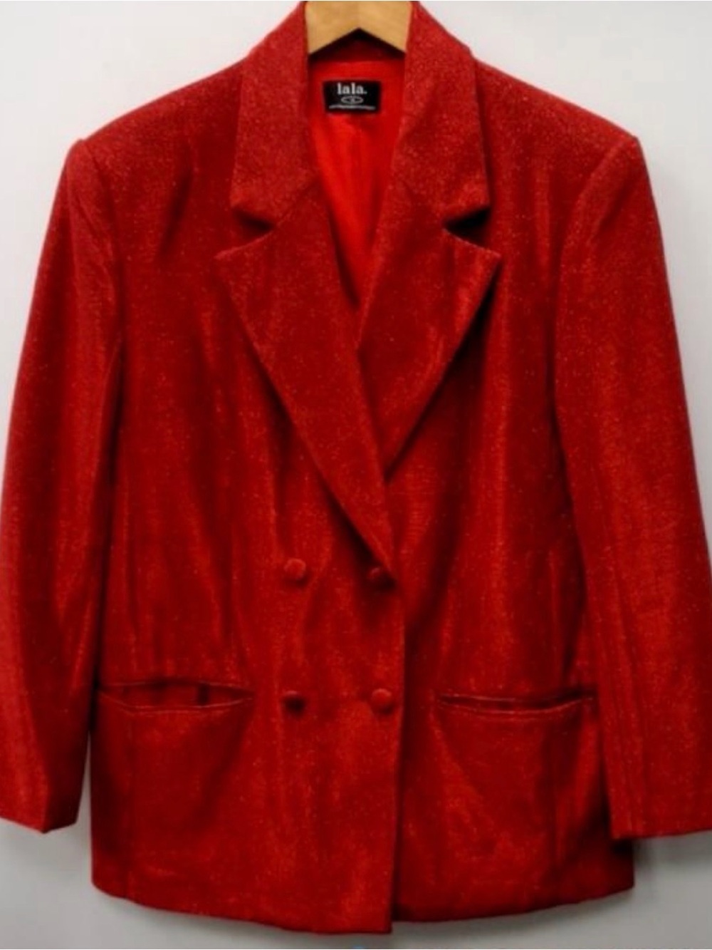 Dressed in LALA Shimmery Red Double-Breasted Blazer